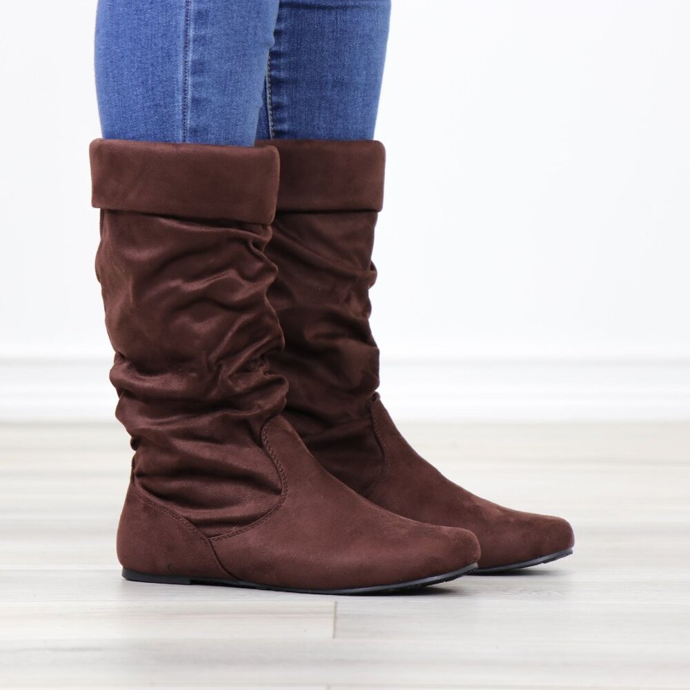 Women's Causal Flat Boots Pull Up Slouchy Mid Calf Shoes Faux Suede